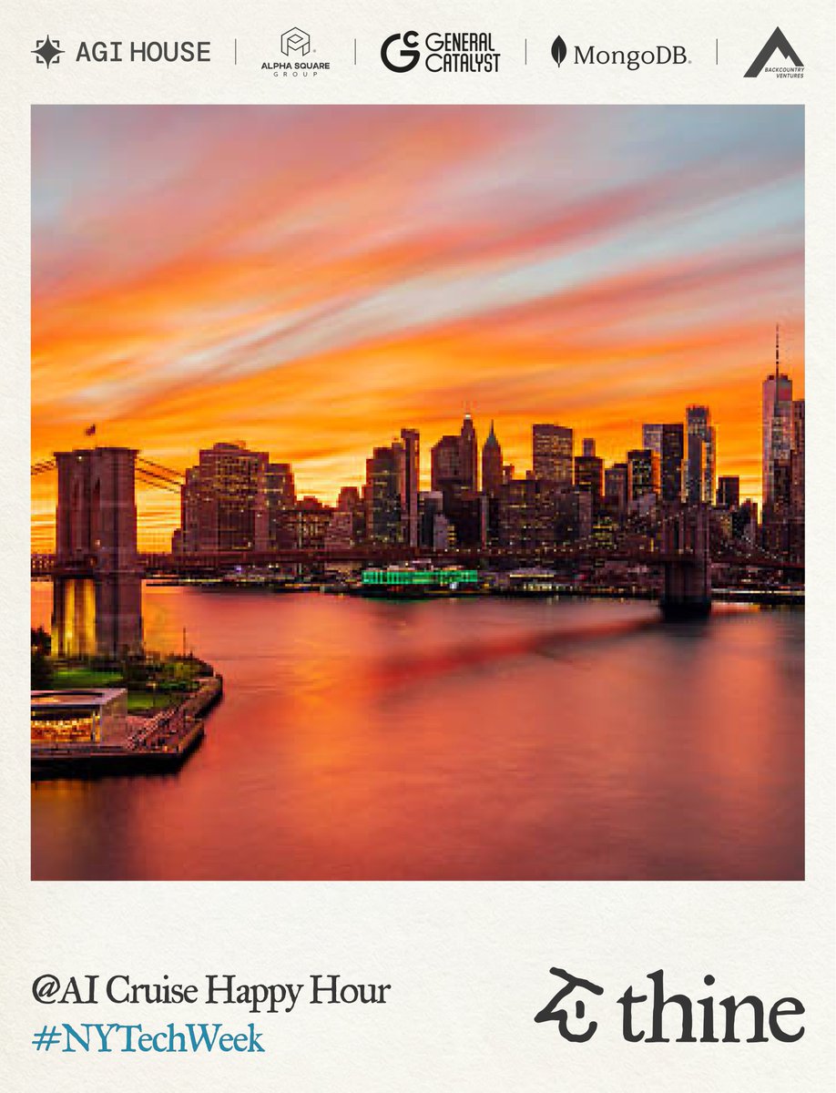 siddsax's tweet photo. #NYCTechWeek, we're coming for you 🚢

Hosting AI Cruise Happy Hour with @agihouse_org this Thursday for #NYTechWeek. Jun 4, 3:30pm. Drinks on board, skyline views, and a first look at @ThineAI.

Comment "thine" if you want early access.

PS: I'm around Jun 4-7 - always down to connect. Catch me on the boat or slide in the DMs 🤝

@MongoDB @generalcatalyst