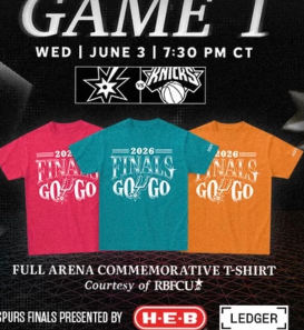 JeffGSpursZone's tweet photo. The fiesta-color tees will be back for Game 1 of the NBA Finals at the Frost... #nba #porvida #sanantonio https://t.co/mcjtSYT8Az