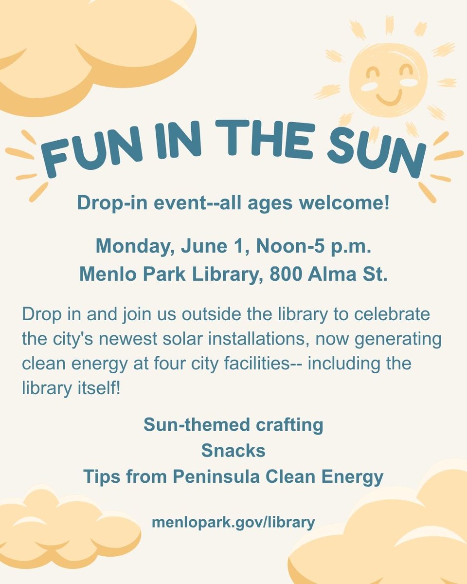 MenloLibrary's tweet photo. It's June! The Summer Reading Game is here, and we're celebrating with Library Fun Week at both locations! Dress for the theme &amp; join us for some fun activities:

6/1: Fun in the Sun
6/2: Mythology Day
6/3: Garden Day
6/4: Space Day
6/5: Pajama Day

https://t.co/oaZp5Bqh6j https://t.co/aDC7OmD57w