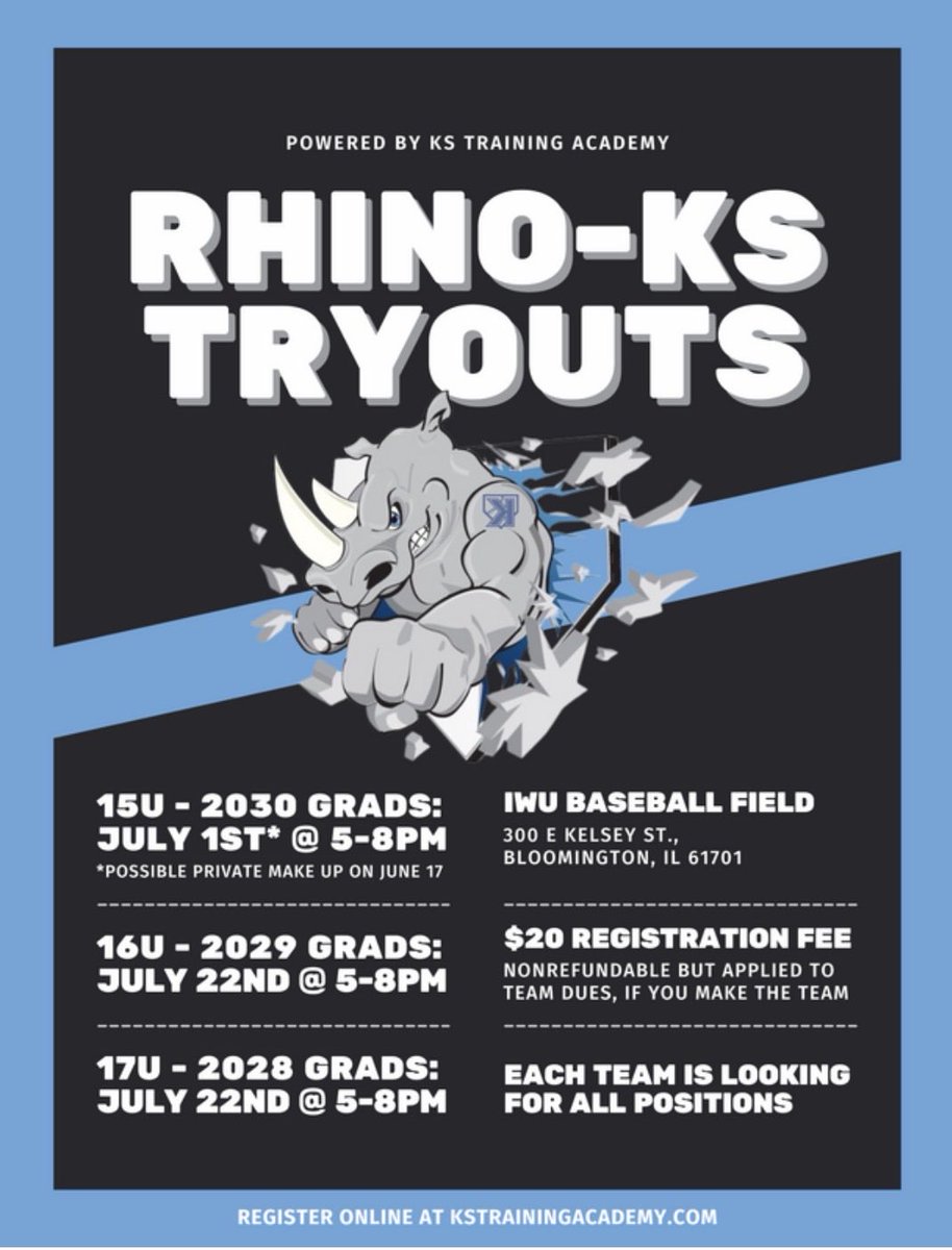 Rhino_KsAcademy's tweet photo. 📣RHINO K’S TRYOUTS📣

‼️Calling all 2030, 2029 &amp; 2028 Grads‼️

https://t.co/24MpV19YIH

Originally 2026 group-17/19 committed

5 of PBRIL TOP 50
11 of PBRIL TOP 200

Come be a part of something different. 

Blue collar and grass roots

Get to the next level AND SUCCEED there https://t.co/kwMHhfZmv7