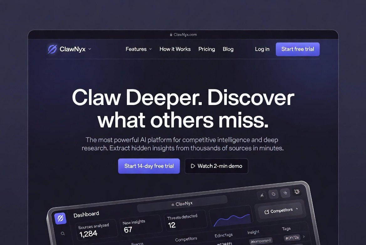 NyxNameCom's tweet photo. https://t.co/ZgEoLgaHgl

An AI that doesn’t just search — it claws.

Built a dark premium concept for a competitive intelligence platform that pulls insights from 1,200+ sources in minutes and surfaces what others miss.

Would you use something like this? https://t.co/IzyPzVlB7T