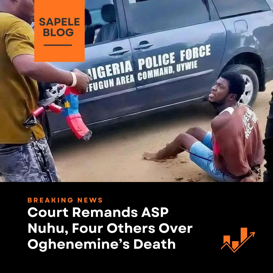 SapeleBlog1's tweet photo. A High Court in Asaba, Delta State, has remanded dismissed Assistant Superintendent of Police (ASP) Nuhu Usman and four other ex-police officers at the Ogwashi-Uku Correctional Centre over the alleged extrajudicial killing of Oghenemine.

Read more 🧵👇 https://t.co/jiSHiEHh84