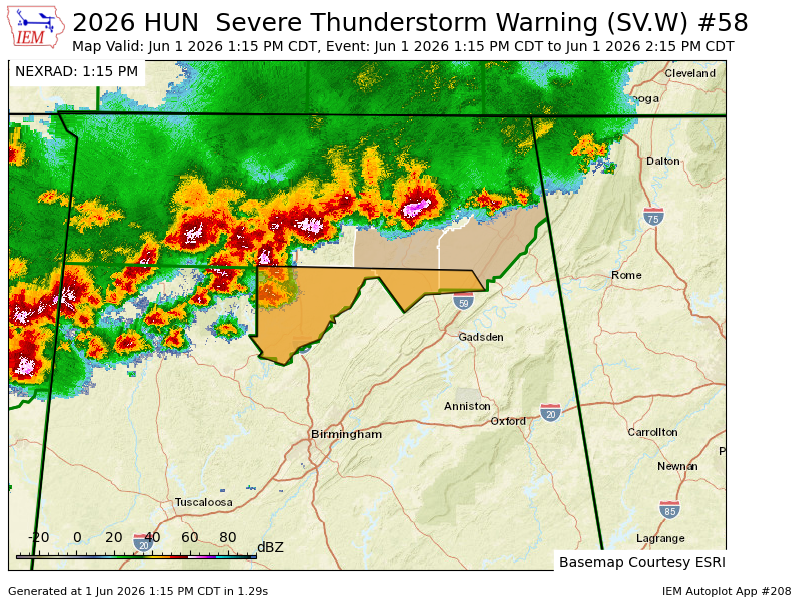 CullmanToday's tweet photo. HUN issues Severe Thunderstorm Warning [wind: 60 MPH (OBSERVED), hail: 0.75 IN (OBSERVED)] for Cullman, DeKalb, Marshall [AL] till Jun 1, 2:15 PM CDT https://t.co/AS7Jj0hoiS https://t.co/szeToJde6Z