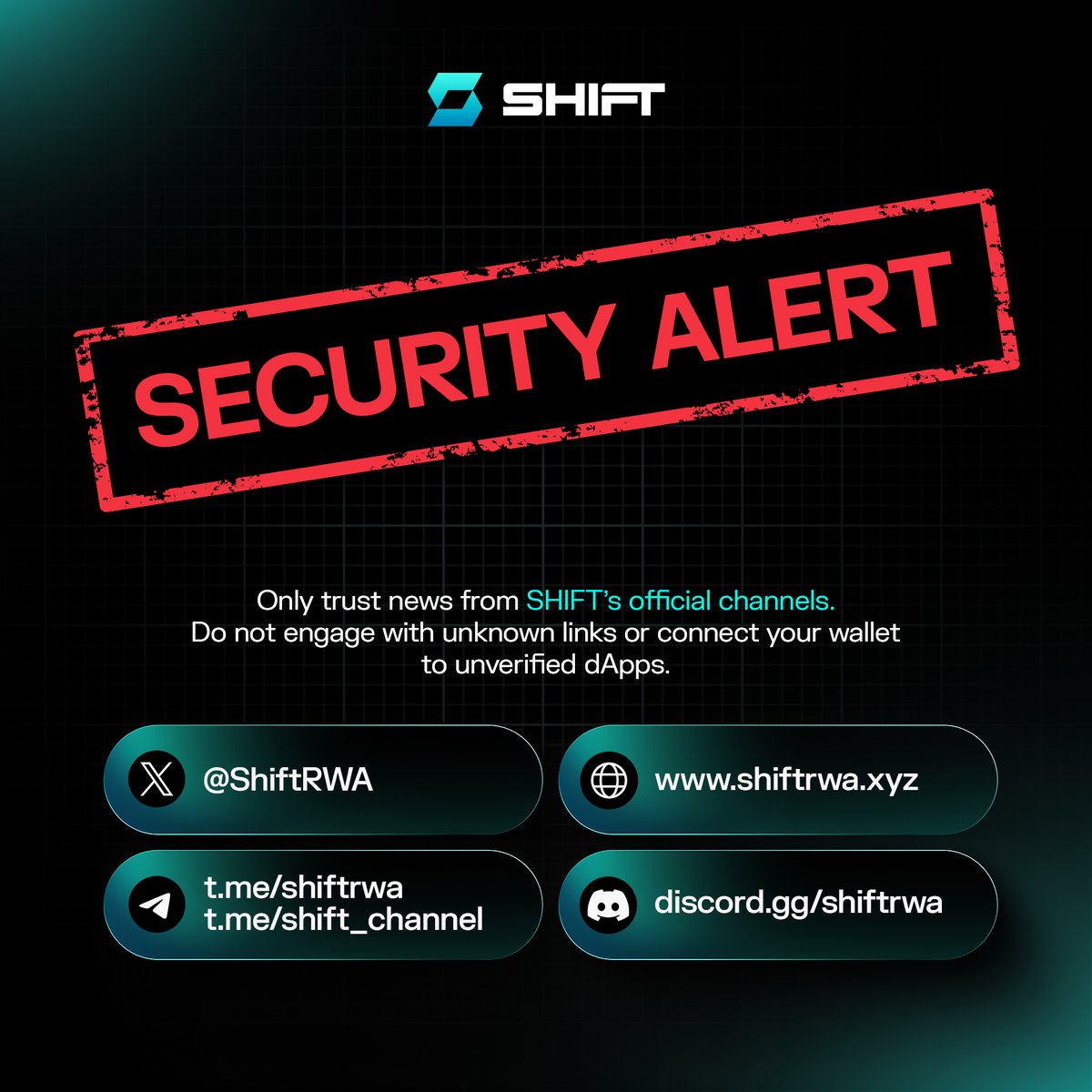 ShiftRWA's tweet photo. SECURITY ALERT ⚠️

It has come to our attention that a token named SHIFT has begun surfacing.

This token is not affiliated with SHIFT. Our governance token has not launched, and anything claiming to be it is false.

The only SHIFT tokens currently live are the SHIFT Series Tokens, our leveraged equity tokens.

Any launch will be communicated solely through our official channels. 

Please verify before engaging.