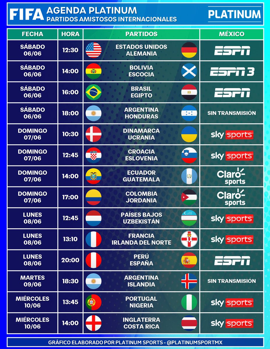 PlatinumSportMX's tweet photo. ¡RUMBO AL MUNDIAL!

⚽️ #AgendaPLATINUM
🔵 Amistosos Internacionales de la FIFA 

➡️ Solo partidos con transmisión oficial en México.
⏰📺 Horarios y transmisiones para México 🇲🇽
⚠️ Sujeto a cambios. https://t.co/cgS7W7BOyd