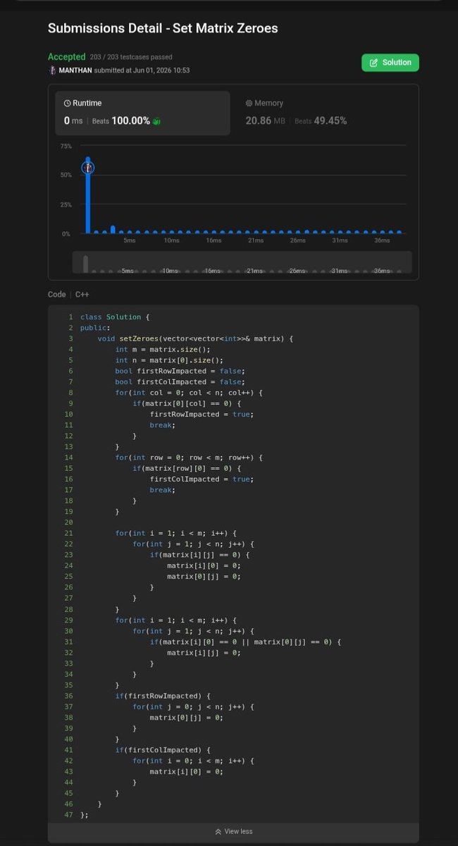 makx_dev's tweet photo. DAILY LOG [DAY 222]
Topics:
DSA (Arrays,DP, sorting,two pointers)
Landing page+Dashboard 

✅:
Set Matrix Zeroes
Pascal’s Triangle I
Next Permutation
LC POTD

Landing page+dashboard using React 

#100DaysOfCode #SDESheetChallenge https://t.co/8Og9fRdOGG