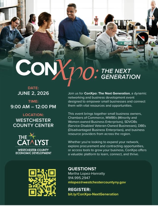NYChamber's tweet photo. Join us at “ConXpo, The Next Generation”, on June 2nd at the Westchester County Center, from 9:00AM-12:00PM. 

This is a dynamic networking and business development event designed to empower small businesses and connect them with vital resources and opportunities.

This event brings together small business owners, Chambers of Commerce, MWBEs (Minority and Women-owned Business Enterprises), SDVOBs (Service-Disabled Veteran-Owned Businesses), DBEs (Disadvantaged Business Enterprises), and business resource providers from across the region.

Whether you're looking to expand your network, explore procurement and contracting opportunities, or access tools to grow your business, ConXpo offers a valuable platform to learn, connect, and thrive.

RSVP https://t.co/crSRAUmGIe