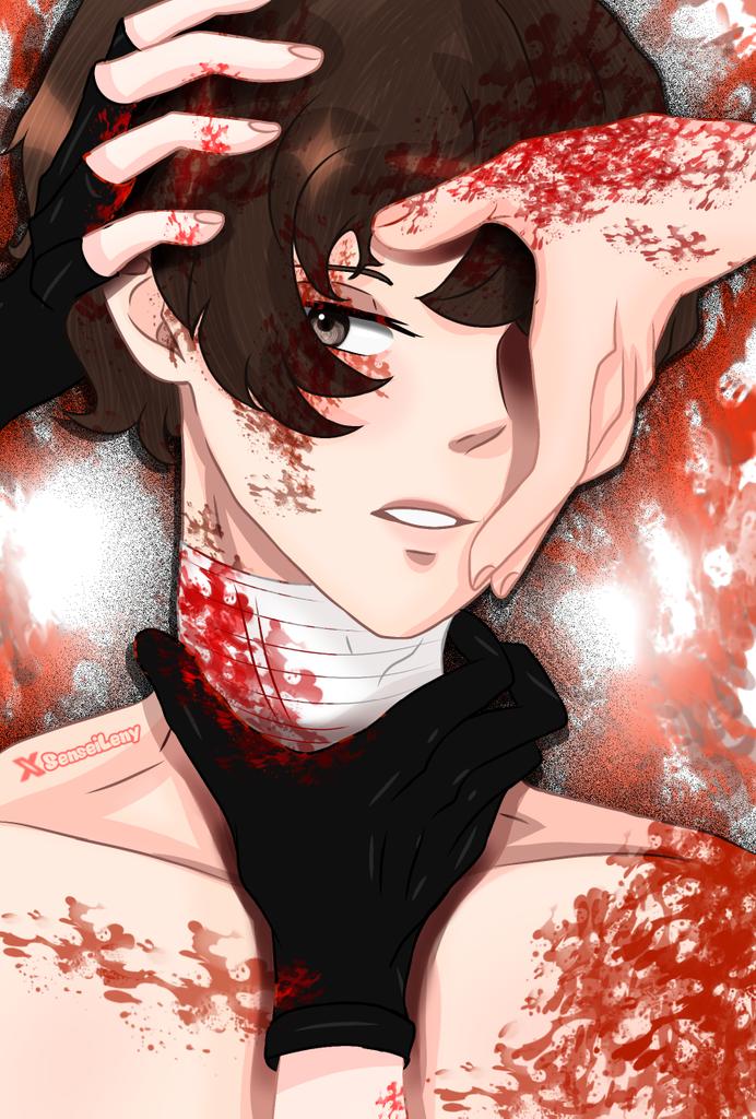 sensei_leny's tweet photo. Dibujito de #dazaiosamu 
Me pasé con la sangre? 🤣 
Manitos de #atsushi #chuuya y #odasaku
#bsd https://t.co/o3EHa00dGj