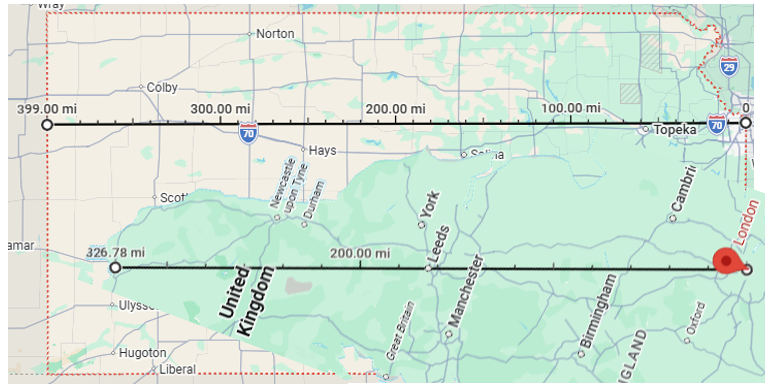 kcflatlander's tweet photo. @vintagemapstore The East/West Kansas state line to state line distance is greater than the straight line distance from London to Edinburgh. https://t.co/tnIg7ozDem