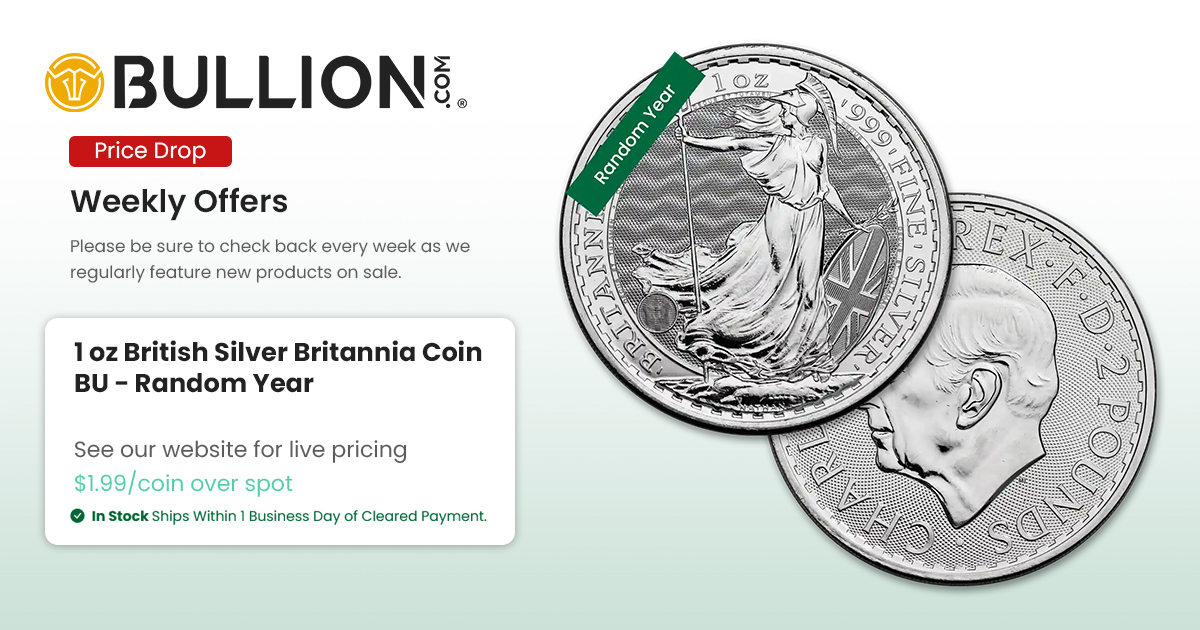 BullionCom's tweet photo. New Weekly Find!

This week, get a random year 1 oz British Silver Britannia Coin BU for $1.99/coin over spot!

Click https://t.co/JUB3PH6RIN to shop this find.

There is a limited supply at this price, so don't wait! Buy from Bullion .com today.

#silver #bullion #sale https://t.co/twkTCygG0i