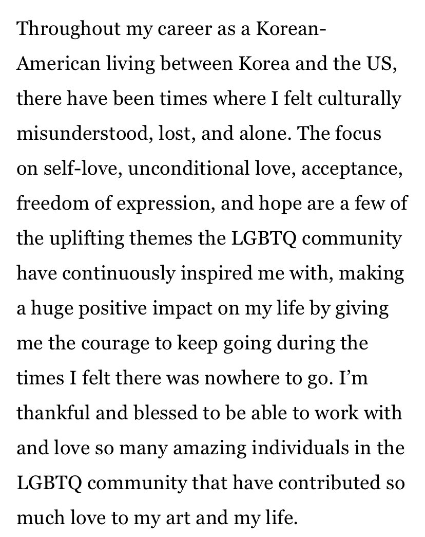 acervysoshis's tweet photo. Em 2018, a Tiffany foi convidada pela billboard para escrever uma carta sobre o mês do orgulho, em trecho ela diz: “Como uma coreana americana por vezes me senti culturalmente incompreendida e solitária. O foco em amor próprio, amor incondicional, aceitação, liberdade de expressão e esperança são alguns dos temas da comunidade LGBT que seguem me inspirando e trazendo um impacto positivo para minha vida”