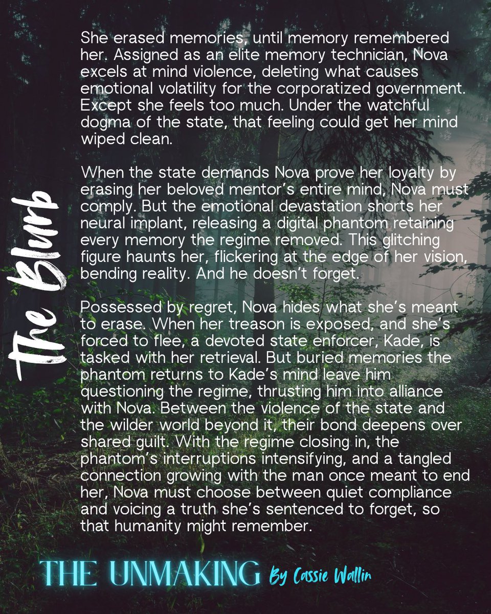 CassieWWrites's tweet photo. #AgentsGuide for THE UNMAKING

SEVERANCE x SILO

Nova excels at mind violence, deleting what causes emotional volatility for the state. Except she feels too much. Forced to wipe her mentor’s mind, Nova’s grief unleashes a phantom remembering all she’s erased. 

#LiteraryAgents https://t.co/5ulkUgie8V