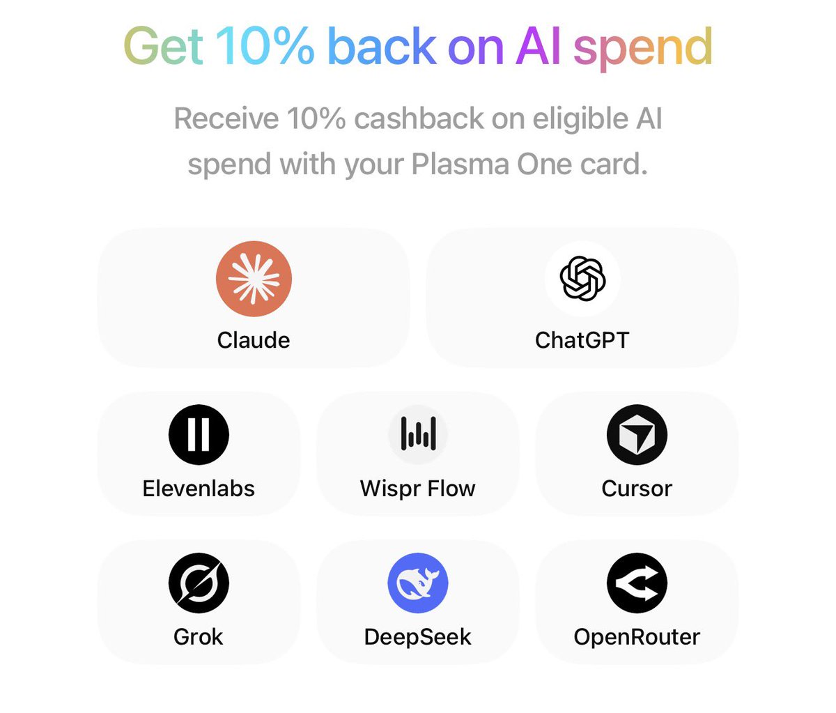 Crypto_McKenna's tweet photo. If anyone is looking to onboard to Plasma One for a USDT Debit card you can use the code below.

Plasma One is now offering 10% cash back on any AI spend covering ChatGPT, Claude and many other model providers.

Also Plasma is offering their Platinum Debit Card that offers airport fast track, 100+ airport lounge access, Claude Pro/Telegram Premium/Proton Unlimited subscriptions and has one of the most competitive cashbacks on any debit card.

Download Plasma One from the App Store and use the following code to access:

PLSM6X