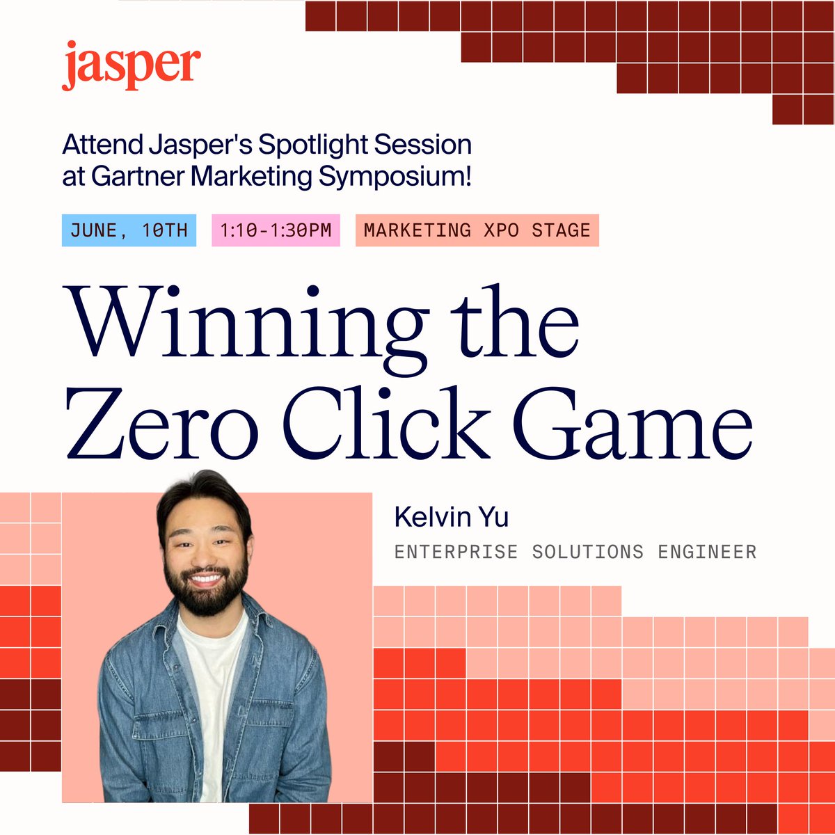 heyjasperai's tweet photo. Denver, we’ll see you soon😎

Jasper is heading to Gartner Marketing Symposium June 8th-10th!. Find us at Booth 114 to  explore how leading teams are adapting to AI-driven search and join us for a private suite experience + networking at the Rockies vs. Cubs game.

Get all the details and book time with us here → https://t.co/b3s2aS4el4

#GartnerMKTG