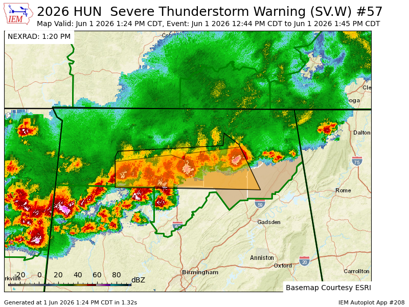CullmanToday's tweet photo. HUN updates Severe Thunderstorm Warning [wind: 60 MPH (OBSERVED), hail: 0.88 IN (OBSERVED)] (cancels Limestone [AL], continues DeKalb, Jackson, Lawrence, Madison, Marshall, Morgan [AL]) till 1:45 PM CDT https://t.co/Zxo3qE1UqM https://t.co/2gScRLrcYv