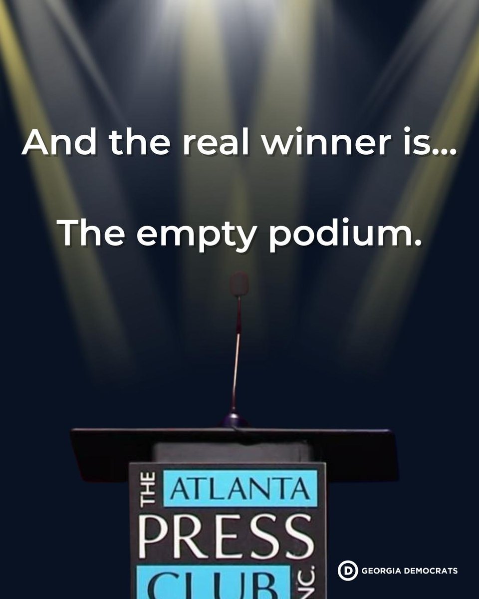 GeorgiaDemocrat's tweet photo. Congratulations to the winner of today’s GOP debate: the empty podium!

Unlike @BurtJonesforGA and @RickJacksonGA, the podium is sturdy, independent, and does not use Georgia taxpayers as a piggy bank to line its own pockets. #gapol https://t.co/RA1Kth9H2f