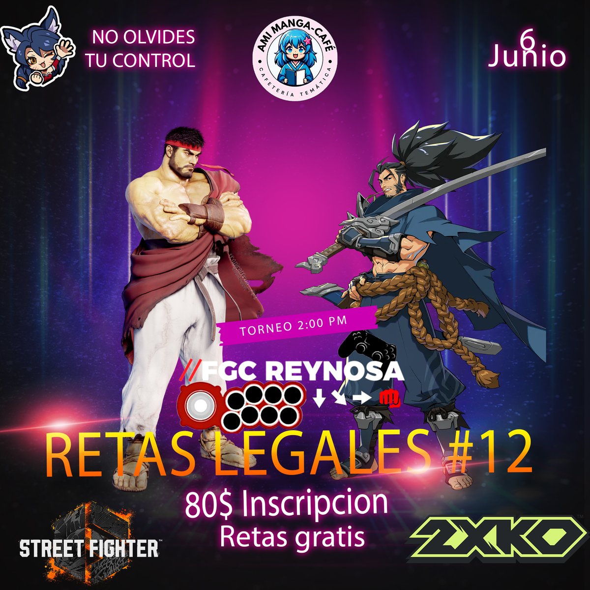 FGC_Reynosa's tweet photo. Retas legales está de regreso!

Eres de Reynosa o alrededores y quieres torneos presenciales? Estaremos este sábado 6 de junio en el Ami-Manga haciendo brackets de SF6 y 2XKO.

Si participas en el bracket de 2XKO puedes ganar recompensas dentro del juego! Link de registro👇 https://t.co/uv1WQ5A3CT