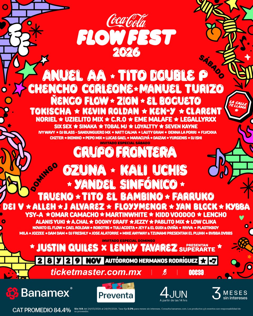 CocaCola_Flow's tweet photo. Esta es LA llamada para todos los que quieren bellaquear.  🚨 Bienvenido a #CocaColaFlowFest26 🔥 #LaCalleTeLlama

#PreventaBanamex 4 de junio, 2:00pm a través de Ticketmaster. https://t.co/cGluSmsQHs