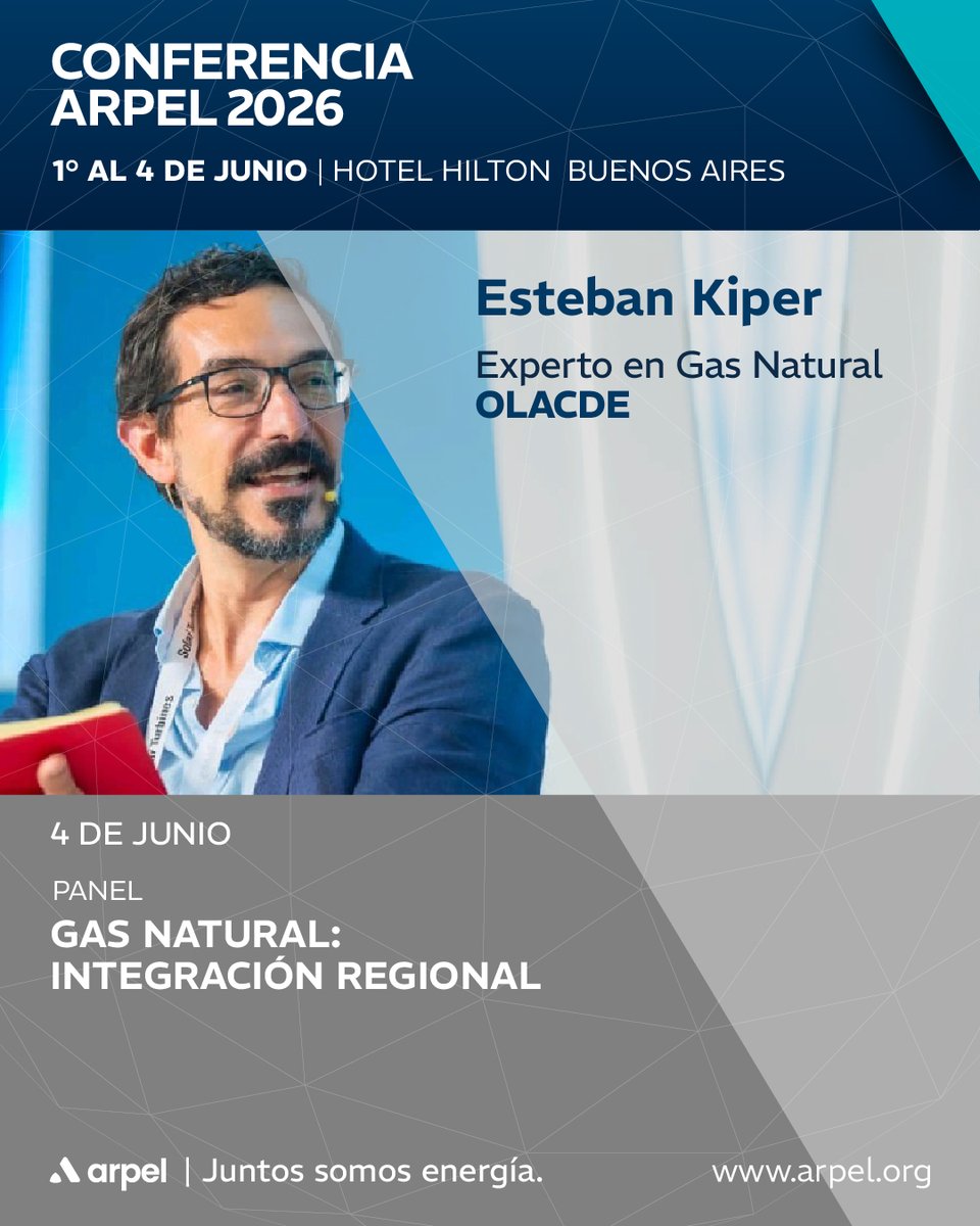 OLACDEORG's tweet photo. La Conferencia ARPEL 2026 reúne a los líderes energéticos de la región del 1 al 4 de junio para impulsar el diálogo sobre el futuro del sector.

🔹 @AndresReboll, Secretario Ejecutivo de #OLACDE, participa en el acto de apertura de la 8ª Conferencia @ARPEL_Petroleo 
🔹 El 2 de junio, Andrés Rebolledo modera el panel Políticas Energéticas en la Región
🔹 @maiulini, Jefe de Asesoría Estratégica de OLACDE, estará en la Presentación del 2º Reporte de Gas Natural
🔹 El 4 de junio, @estebankiper, Experto en Gas Natural, OLACDE, participará en el panel Gas Natural: Integración Regional

Un espacio donde se define la agenda energética de América Latina y el Caribe.

Más información e inscripciones: https://t.co/Do07BGaoLK

#ARPEL2026 #Energía #IntegraciónRegional #GasNatural #TransiciónEnergética #OLACDE

-

The ARPEL Conference 2026 brings together energy leaders from across the region from June 1 to 4 to foster dialogue on the future of the sector.

🔹 Andrés Rebolledo, Executive Secretary of OLACDE, will participate in the opening ceremony of the 8th ARPEL Conference
🔹 On June 2, Andrés Rebolledo will moderate the panel Energy Policies in the Region
🔹 Guido Maiulini, Head of Strategic Advisory at OLACDE, will take part in the Presentation of the 2nd Natural Gas Report
🔹 On June 4, Esteban Kiper, Natural Gas Expert at OLACDE, will participate in the panel Natural Gas: Regional Integration

A space where the energy agenda of Latin America and the Caribbean is shaped.

More information and registration:
https://t.co/i39Bpy1K2t

#ARPEL2026 #Energy #RegionalIntegration #NaturalGas #EnergyTransition