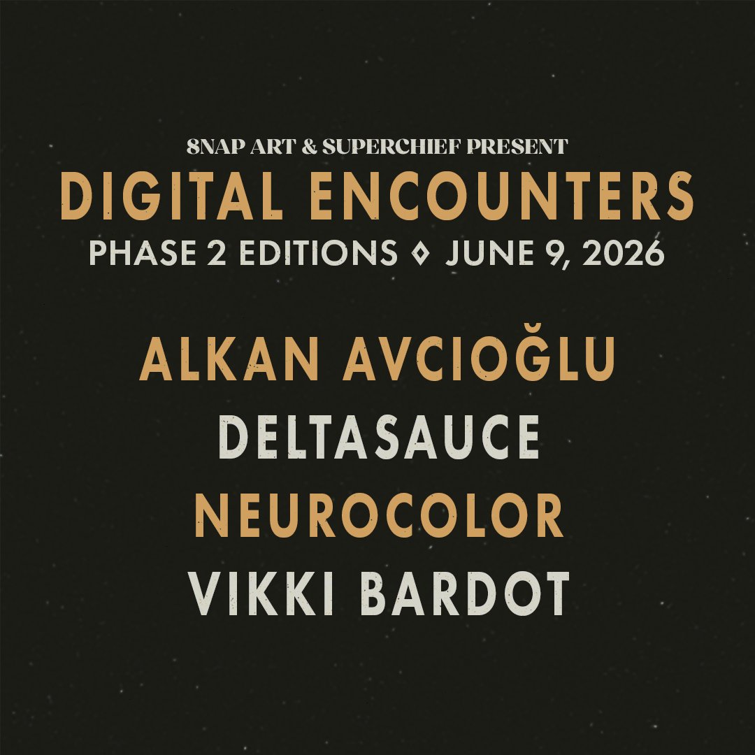 8NAP_ART's tweet photo. Digital Encounters continues June 9 with Phase 2 edition releases from:

@EvergreenDazed
@deltasauce
@neurocolor
@VikkiBardot 

Each artist is creating a new edition exclusively for Digital Encounters.

After a strong opening release, the programme now expands through four distinct practices, each adding a new path into the larger story unfolding toward Mexico City this August.

Artwork previews from the Phase 2 artists begin this week.