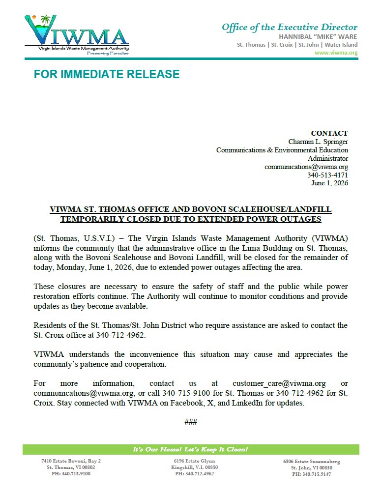 VIWMA's tweet photo. ‼️ VIWMA St. Thomas Office &amp; Bovoni Scalehouse/Landfill Temporarily Closed Due to Extended Power Outages
#VIWMA #PreservingParadise https://t.co/TECV9iMP0Z