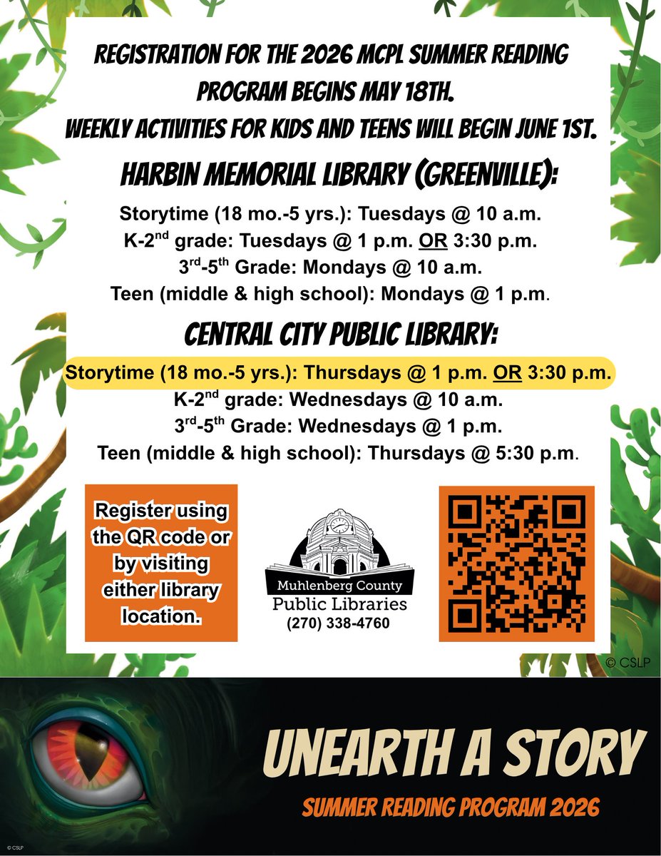 mcplib's tweet photo. Please note: due to popular demand, we have added an additional storytime session! Storytime aged kids (18 mo.-5 yrs.) can attend Summer Reading sessions on Tuesdays at 10 a.m. at Harbin Memorial or Thursdays at either 1 p.m. OR 3:30 p.m. at Central City. https://t.co/cqxq2Hb4Vq