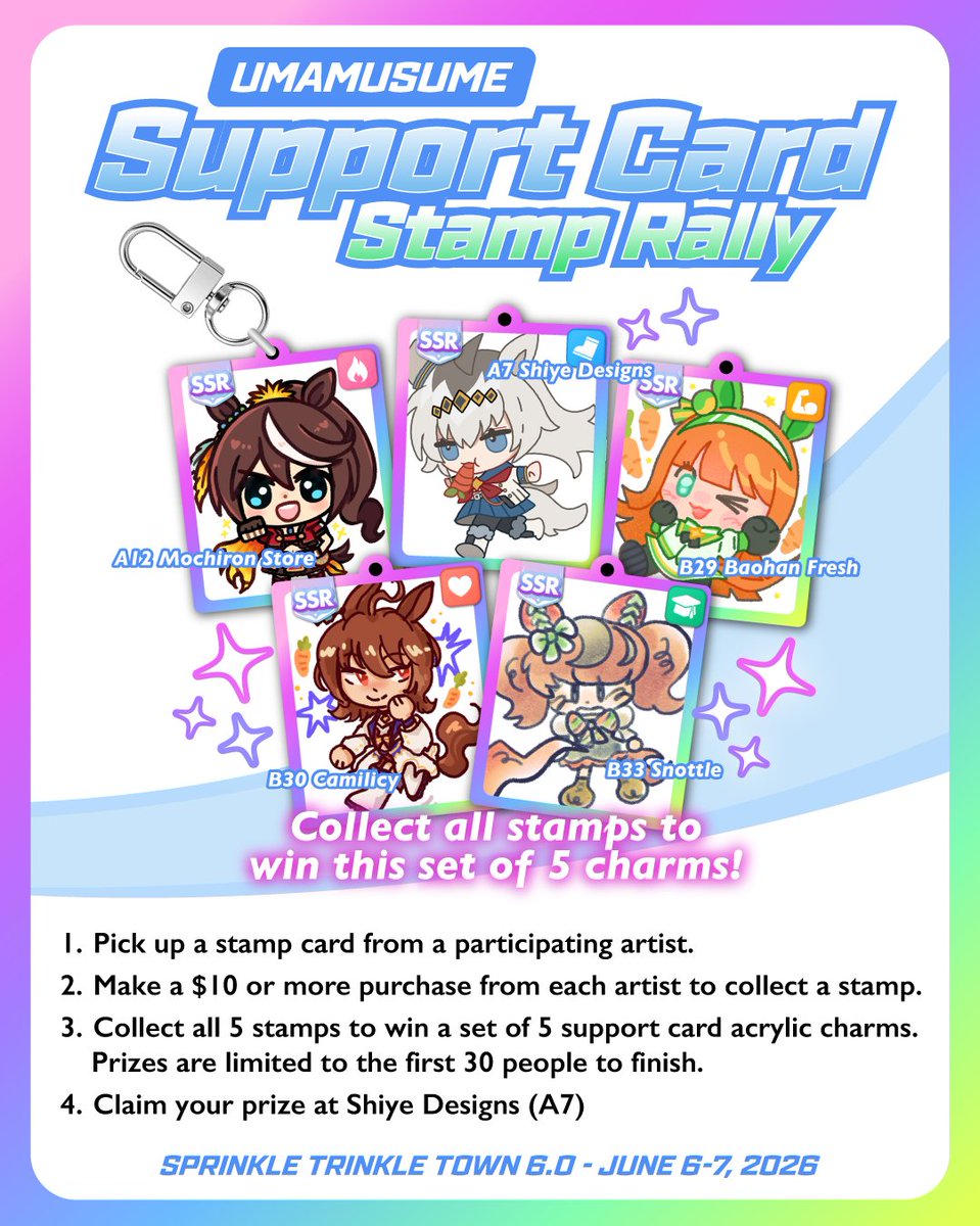 mochironstore's tweet photo. Trainers, have you been saving your Carats? 🥕 We will be doing an Umamusume Support Card Stamp Rally at Sprinkle Trinkle Town 6.0 this weekend! 🏇

Collect all 5 stamps to win a set of support card acrylic charms! Claim your prize at Shiye Designs (A7). ✨️ https://t.co/CaWuubwQkB