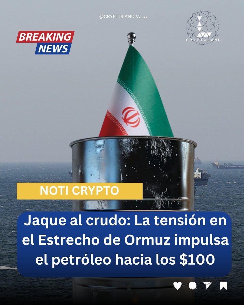CryptolandV's tweet photo. 🚨 ¡Petróleo a $100! 🛢️💥

Irán amenaza con cerrar el Estrecho de Ormuz. 🛑

🚀 WTI +8% ($94+) y Brent a nada de los $100.

📉 Bitcoin cae a los $71,300.

¿Superará los $100? 👇🤔

#Petroleo #Bitcoin https://t.co/xYHh03yAGg