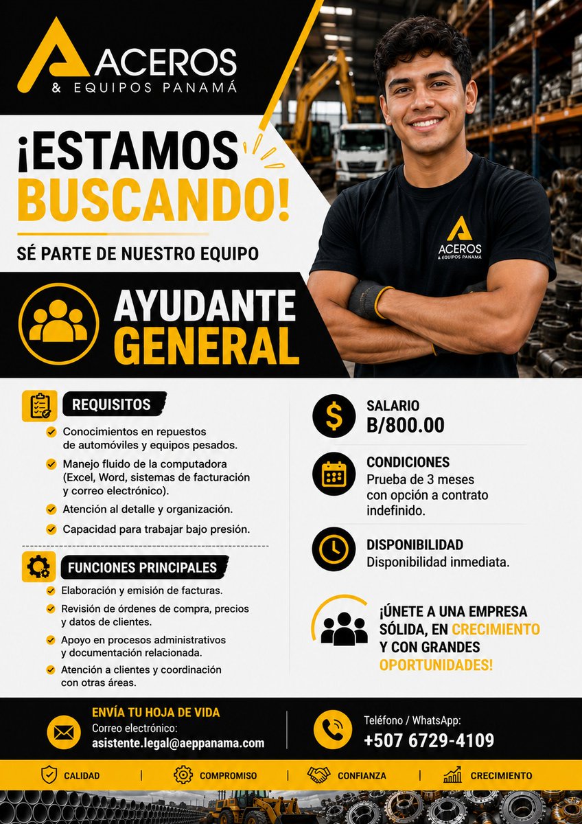 dalethmarlyn's tweet photo. ¡Nueva oportunidad laboral!
Aceros &amp; Equipos Panamá se encuentra en búsqueda de Ayudante General para formar parte de su equipo de trabajo. https://t.co/LKkTloxlyF