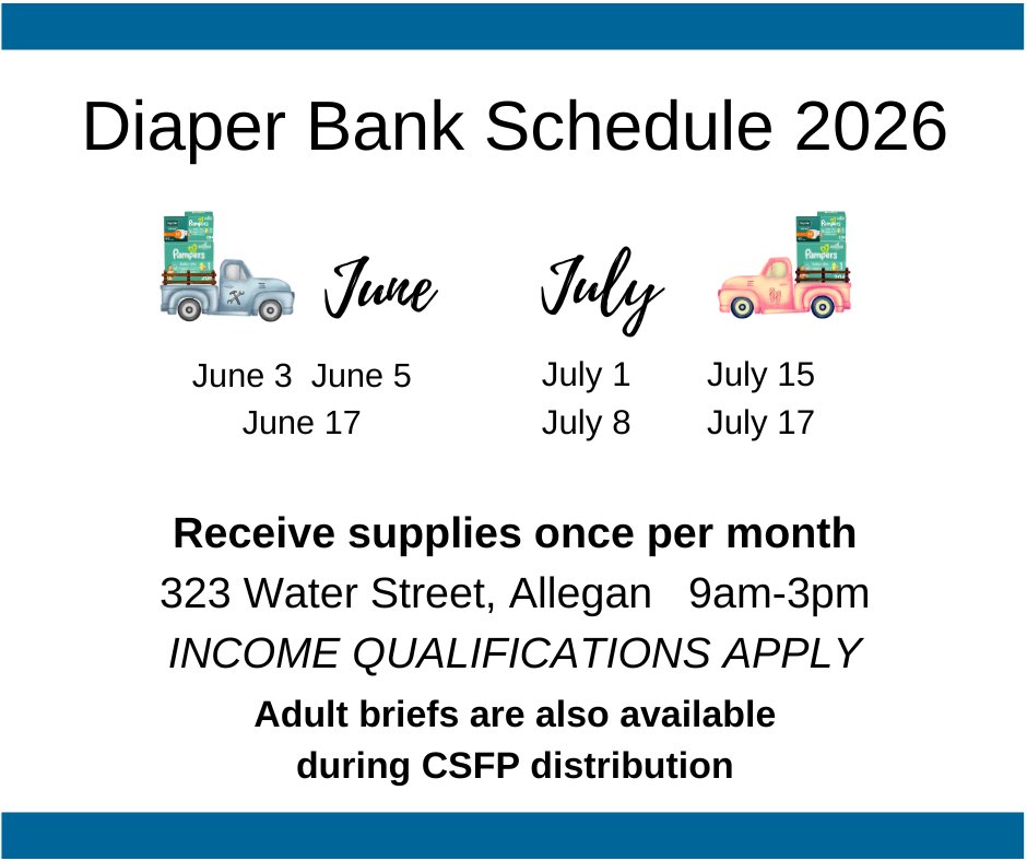 CommActionAlleg's tweet photo. June Diaper Bank begins this week! Mark your calendars to receive supplies once per month at 323 Water Street in Allegan. 269-673-5472 ext. 258. https://t.co/teCsMwtxX2