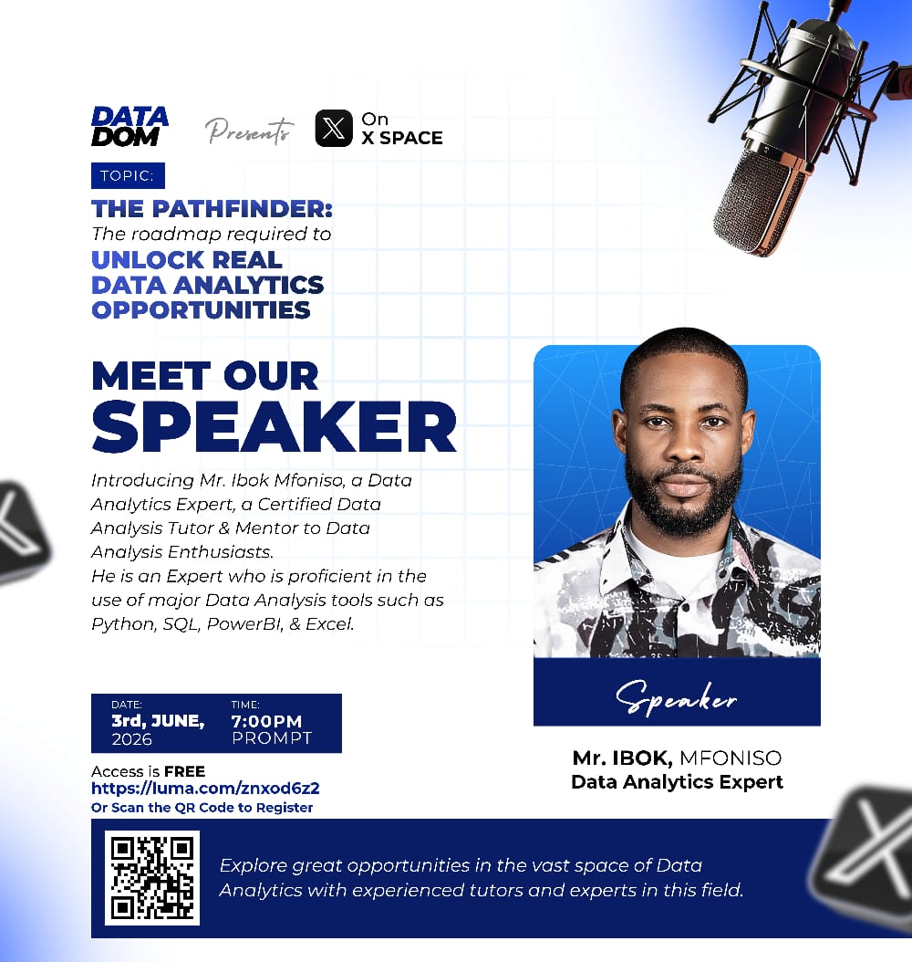 DataDom__'s tweet photo. Meet our Pathfinder speaker! 🚀

We're excited to host Mr. Ibok Mfoniso, a Data Analytics mentor skilled in Python, SQL, Power BI, and Excel. Whether you're breaking into tech or leveling up, this session is for you.

 Register FREE:  https://t.co/p8rvMry6er https://t.co/6ybRAyDFWy