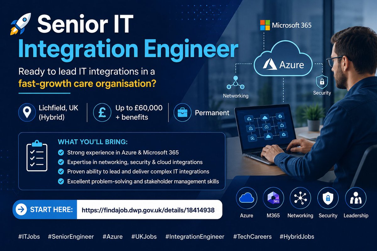 skillners's tweet photo. 🚀 Senior IT Integration Engineer

📍 Lichfield, UK (Hybrid)
💷 Up to £60,000

Azure, M365, networking &amp; security experience required.

🔗 https://t.co/wSPasfPagT

https://t.co/Bn1OC2zFKC

#ITJobs #UKJobs #TechCareers https://t.co/qGdCNcTg88