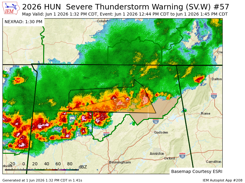 CullmanToday's tweet photo. HUN updates Severe Thunderstorm Warning [wind: 60 MPH (OBSERVED), hail: 0.88 IN (OBSERVED)] (cancels Jackson, Madison [AL], continues DeKalb, Lawrence, Marshall, Morgan [AL]) till 1:45 PM CDT https://t.co/JJa3LVDwJK https://t.co/hFJuoSlZ7u