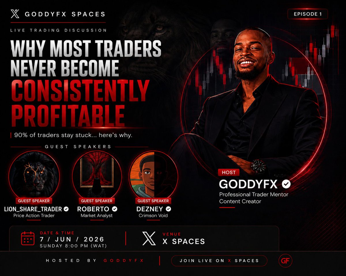 goddyfx01's tweet photo. Most traders are not broke because of the market…

They’re broke because of what they don’t understand yet.

This Sunday, we’re having a real conversation about:

“WHY MOST TRADERS NEVER BECOME CONSISTENTLY PROFITABLE.

No motivation fluff. No fake lifestyle talk.
Just raw truth about what’s actually holding traders back.

If you’ve ever:
• Struggled with consistency
• Blown accounts
• Felt like you’re doing everything but still not improving

Then this space is for you.
🗓 Sunday
⏰ 8PM
🎙 Live on X (Twitter Space)

Come and listen. Come and learn. Come and fix it.

Featuring: 

@LST_VIX_001
 @Robolite110
 @Deztravels44979