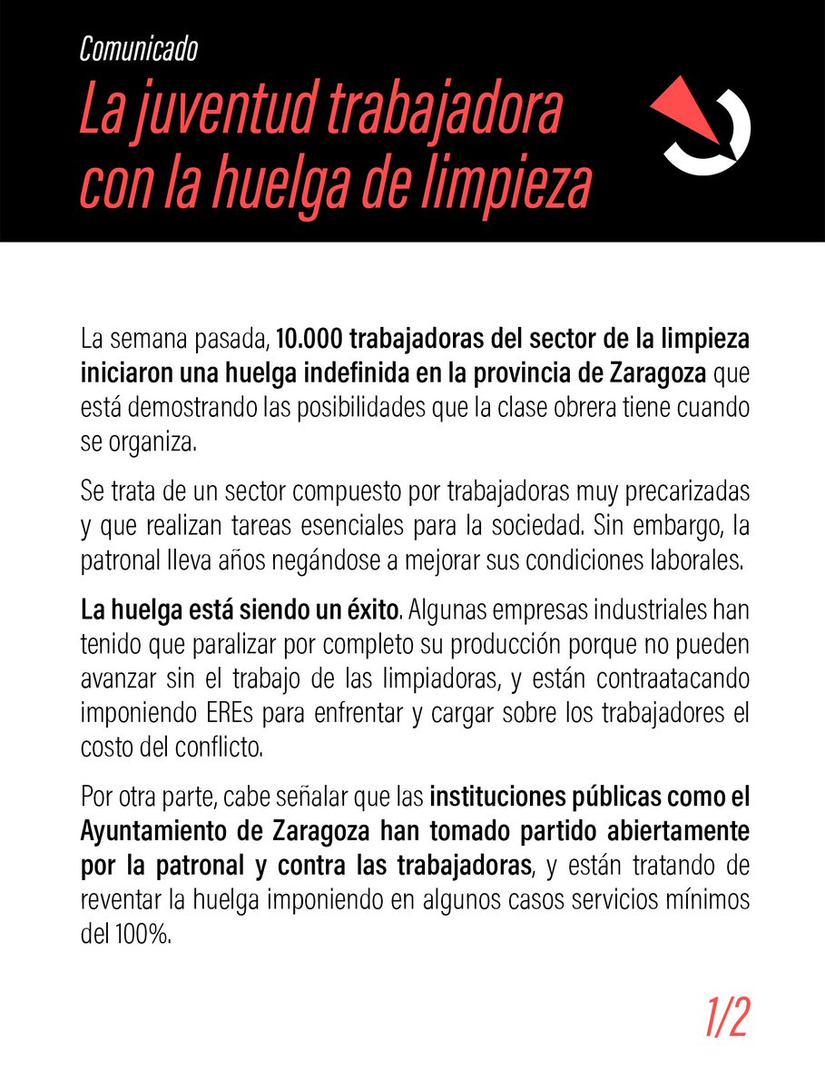 zaragoza_cjs's tweet photo. 🔴 La juventud trabajadora con la huelga de limpieza.

Desde CJS damos todo nuestro apoyo a las trabajadoras, que han dicho basta a sus precarias condiciones laborales.

🚩 ¡Viva la lucha de la clase obrera! https://t.co/nq4t8DYPkj