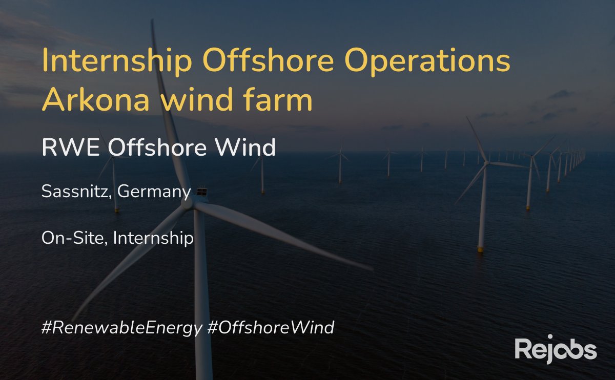 RejobsOrg's tweet photo. 🌊 Internship at RWE Offshore Wind, Sassnitz, Germany
Support ops process dev for Arkona windfarm: turbines, electrical, logistics &amp; HSE. Gain hands-on offshore wind experience. Fluent English req, German a plus.
Apply: https://t.co/LCu3LnosCJ #Renewables #WindEnergy https://t.co/XzWg0DBadT