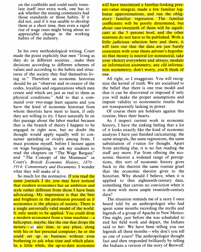 Evanshm's tweet photo. Es muy oportuno esto que dice Solow (Sí, ESE Solow) sobre el acercamiento de los economistas a la historia económica. ¿A quién veis reflejado en este comentario?

Solow, R. M. (1985). Economic history and economics. The American Economic Review, 75(2), 328-331. https://t.co/mniq62kHnn