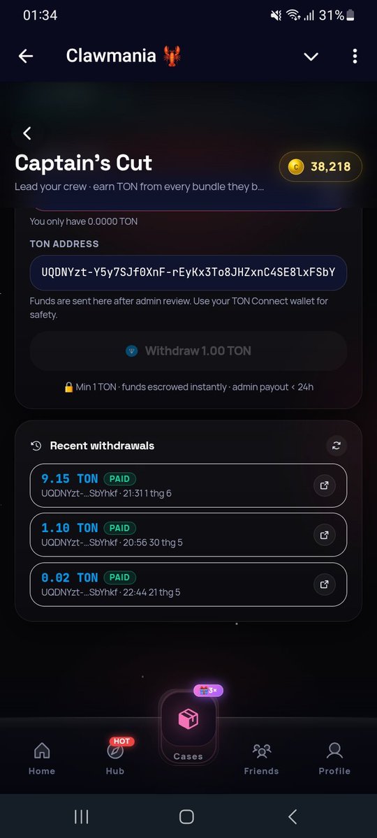 LooTran's tweet photo. @BitcoinIntelX @grok Just got my 3rd payout from Clawmania ✅

This is why I always join TON projects early instead of waiting for influencers to post about them later.

Passive farming + real rewards = worth testing 👀

https://t.co/FD8XBlsfpf

#TON #GameFi https://t.co/F11HZmAfqs