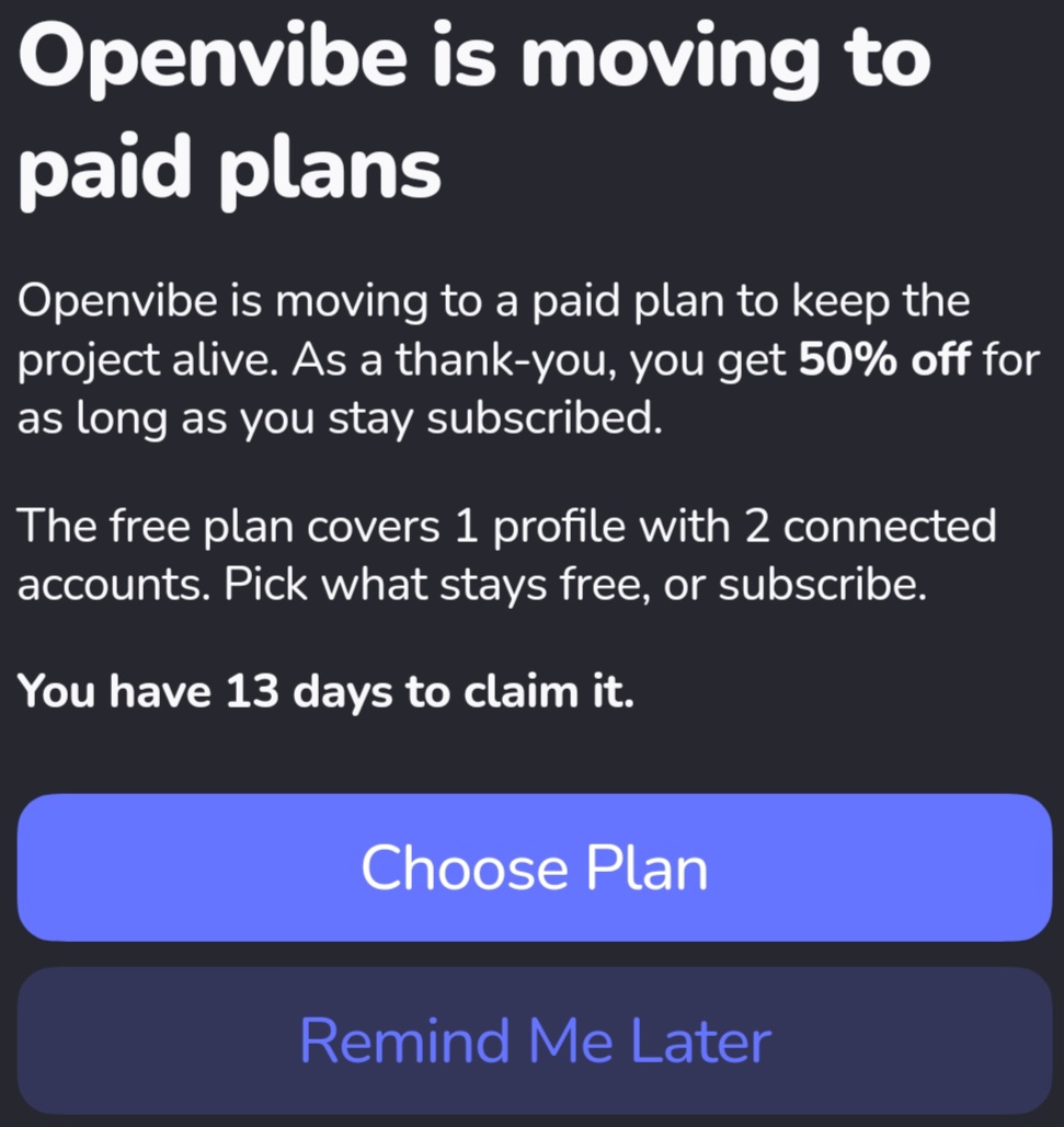 MGAceman's tweet photo. Well, my time with #Openvibe is over.

It was a decent app, but constant problems with Bluesky and my following feed not loading, I was using it less and less.

Now they're going Pro and I can't justify paying for a broken app or one that needs constant attention to work. https://t.co/nrZj1Xn0oz