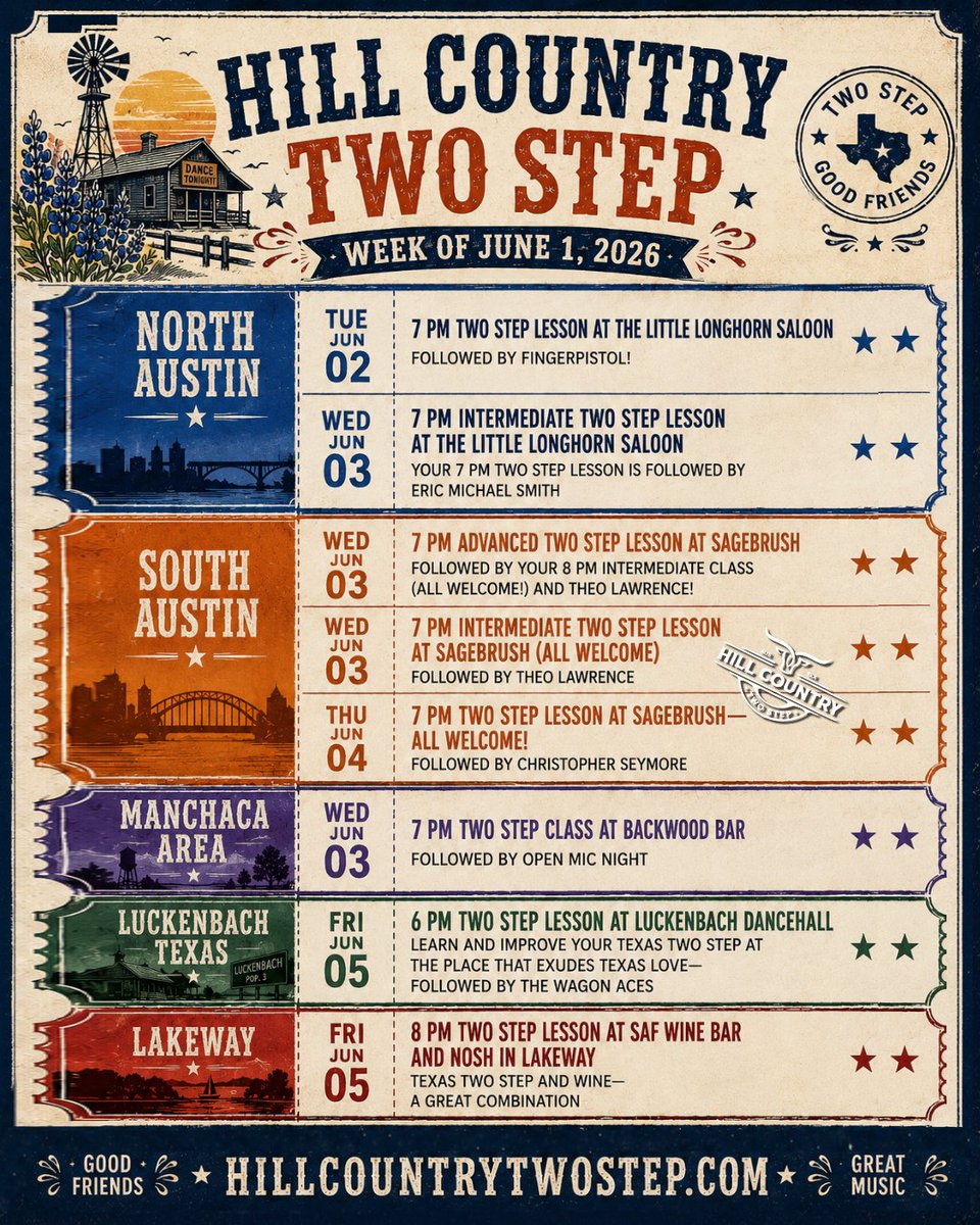 HC2step's tweet photo. This week’s classes in North Austin, South Austin, the Manchaca Area, Luckenbach Texas, and Lakeway. #TwoStepLessons #HillCountryTwoStep https://t.co/Vu4mFd1uvL
