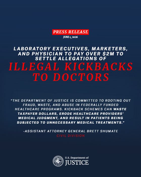 DOJCivil's tweet photo. Laboratory Executives, Marketers, and Physician to Pay Over $2M to Settle Allegations of Illegal Kickbacks to Doctors

“The Department of Justice is committed to rooting out fraud, waste, and abuse in federally funded healthcare programs,” said @AAGShumate. “Kickback schemes can waste taxpayer dollars, erode healthcare providers’ medical judgment, and result in patients being subjected to unnecessary medical treatments.”

🔗: https://t.co/pgqvP5kd3z
