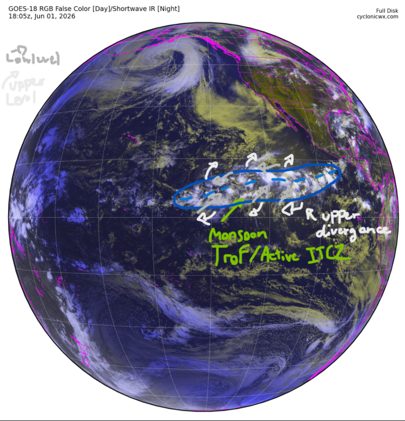 cycloneguy15's tweet photo. The first case of EPAC TCG occurring this far westward (~130W) is pretty telling of an incoming strong-super niño given the bout(s) of anomalous westerlies that accompany the development of such events - note the strong MJO pulse currently passing through the region https://t.co/N4iHuVwifE