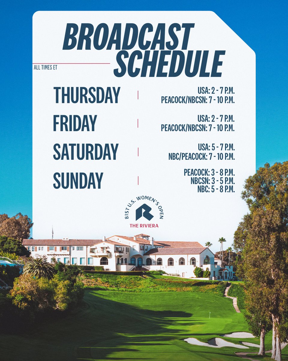 uswomensopen's tweet photo. 📺 The U.S. Women's Open Presented by Ally is coming to prime time!

Where to watch this week's coverage ⬇️ https://t.co/bls6BVT6WA