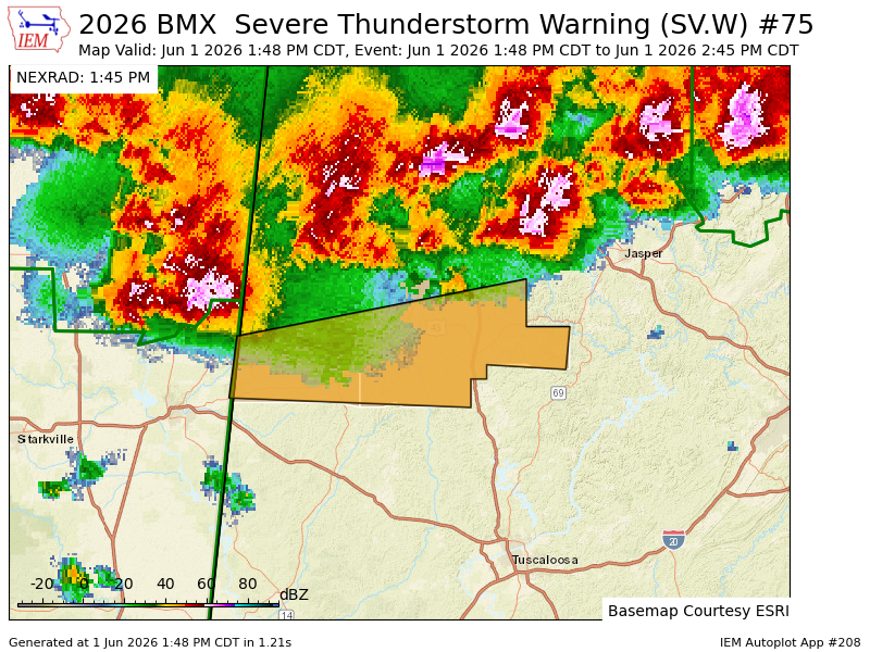 K4NWS's tweet photo. BMX issues Severe Thunderstorm Warning [wind: 60 MPH (RADAR INDICATED), hail: 1.00 IN (RADAR INDICATED)] for Fayette, Lamar [AL] till 2:45 PM CDT https://t.co/e1mzlGp63Y https://t.co/rs38GxsCkk