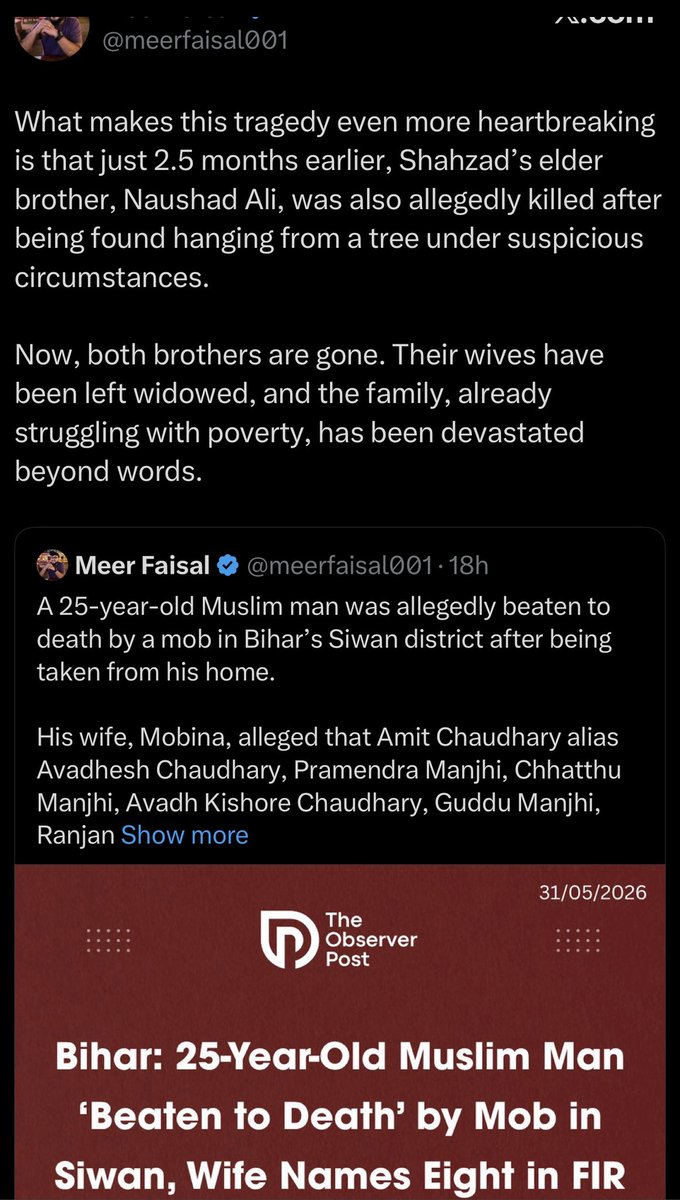 TA_backup_2nd's tweet photo. A Muslim man named Shahzad lies lifeless on the ground while policemen giggle.
His wife Mobina told police that hindu neighbors Amit, Pramendra, Chhatthu, Avadh, Guddu Manjhi, Ranjan, Mantu assaulted him.
Couple of months back, Shahzad’s elder brother Naushad was also murdered. https://t.co/f4d64MxkXd