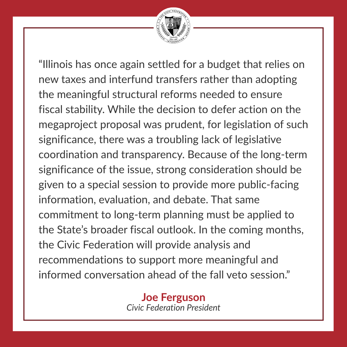 CivicFederation's tweet photo. Read President @JoeFergChicago statement following the conclusion of Illinois' General Assembly session last night. ⬇️ https://t.co/tsKhi99zXE