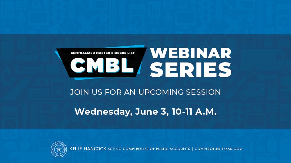 txcomptroller's tweet photo. Don't forget about our upcoming Centralized Master Bidders List webinar!   

You'll Learn about:
✔️How to apply 
✔️How to use the NIGP Commodity Book 
✔️ How to navigate the ESBD https://t.co/IinZsBGOjc