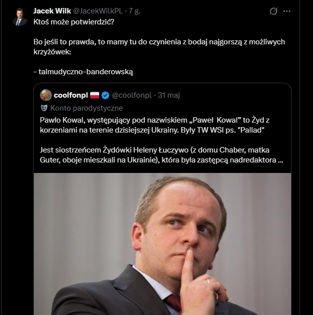 mic_marek's tweet photo. Obecnie w polskiej infosferze możemy odnaleźć wiele przykładów treści o charakterze antyukraińskim. Ponownie wyjątkowe przykłady twórczości publikują konta doskonale znane z szerzenia dezinformacji oraz konta środowiska Konfederacji Korony Polskiej. 

Celem ataku stał się m. in. @pawelkowalpl, którego na cel wzięli zarówno anonimowi komentatorzy jak i znany z szerzenia przekazu zbieżnego z rosyjskim @LeszekMiller.

Bazowy zafałszowany obraz rzeczywistości, który promowany jest w danym kontekście odnosi się do prowadzonych od kilku lat działań Konfederacji Korony Polskiej - promowanie narracji o "banderyzacji Polski" i "ukropolin" (kreowanie Polski na państwo rządzone przez żydo-banderowskich spiskowców...)