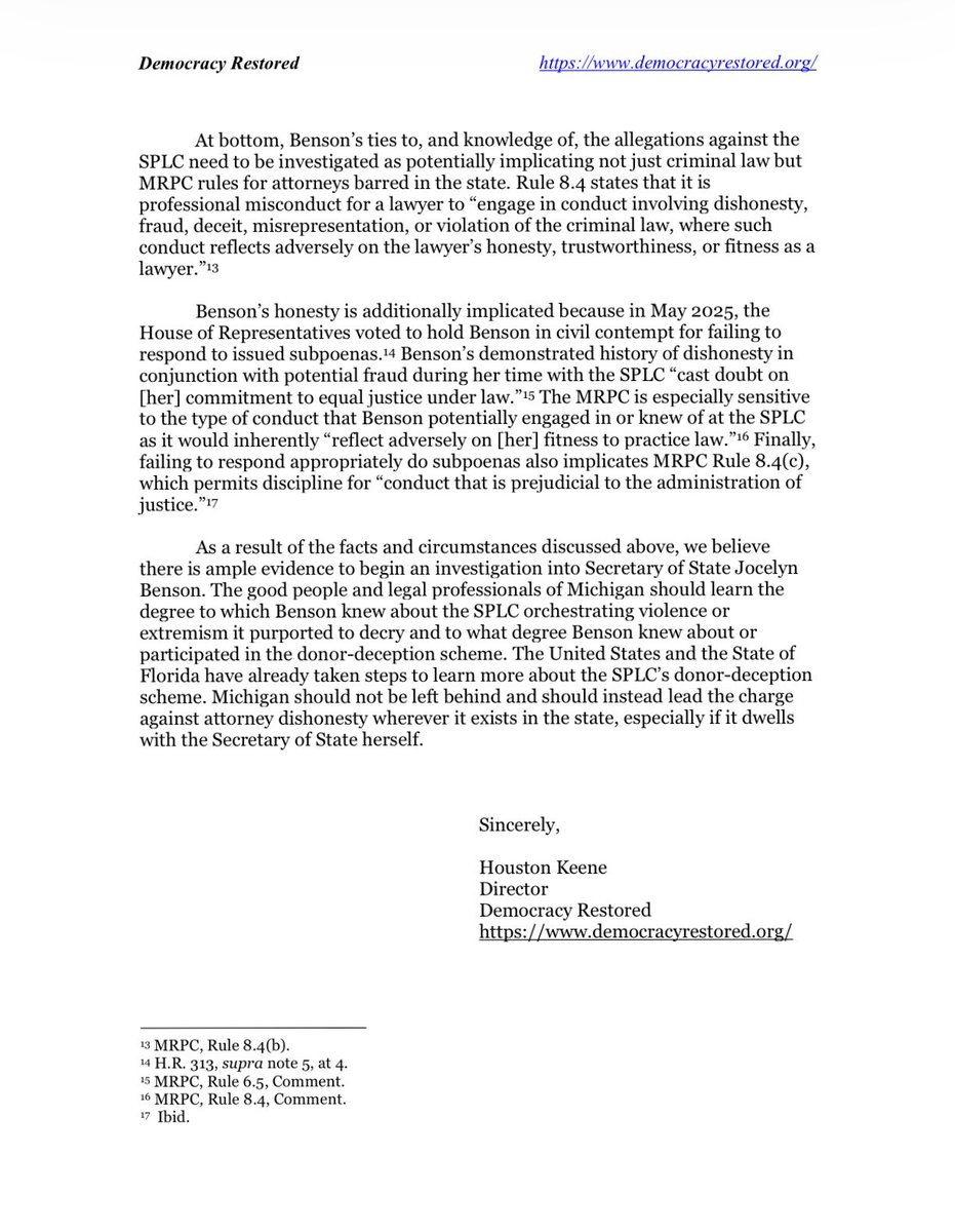 DemoRestored's tweet photo. Democracy Restored called for an investigation into Michigan Secretary of State Jocelyn Benson over her past ties to the Southern Poverty Law Center in a new bar complaint.

Benson served on the SPLC’s board between 2014 and 2018, and with the organization now facing a serious federal indictment for alleged bank fraud that funded the groups they supposedly fight against. Those connections deserve scrutiny, especially from someone holding higher office.