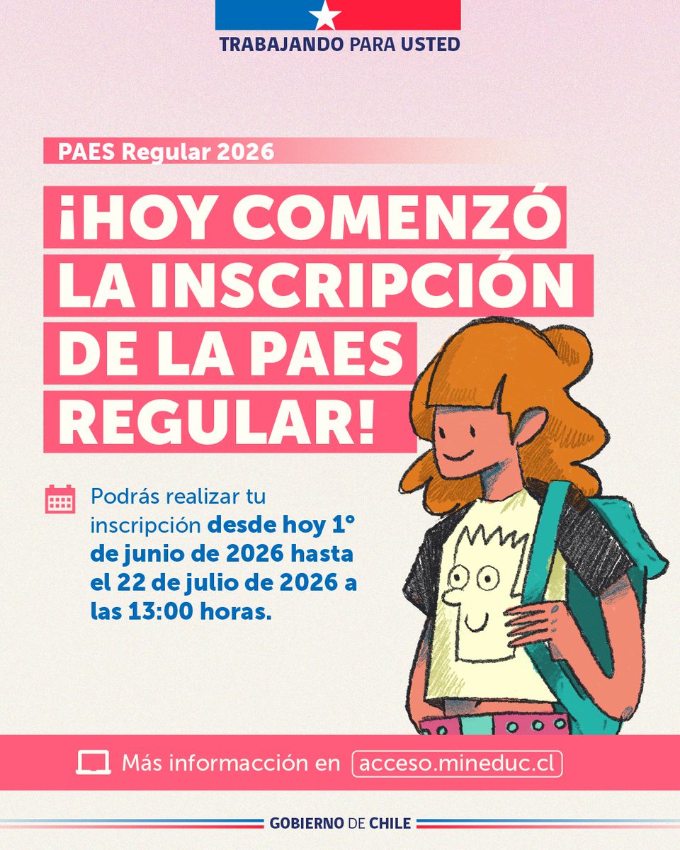 SubseEdSuperior's tweet photo. Hoy se abrió la inscripción para la #PAESRegular de la #Admisión2027 📚

El proceso estará disponible hasta el 22 de julio a las 13:00 horas.

🔗 Revisa todos los detalles e inscríbete aquí: https://t.co/D2MUcIjyLt https://t.co/V3jW8jCRIz